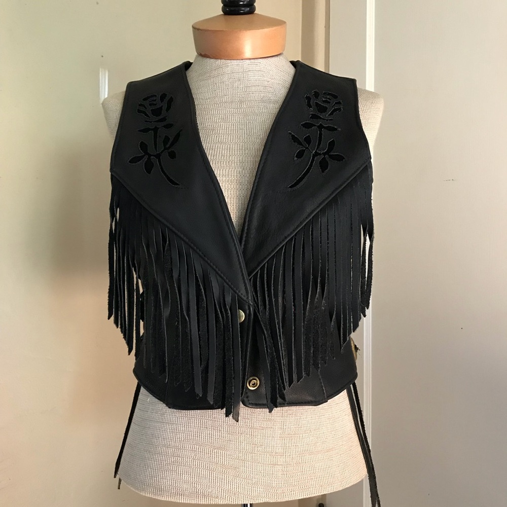 Women’s Leather Fringed Vest with Rose Cutouts